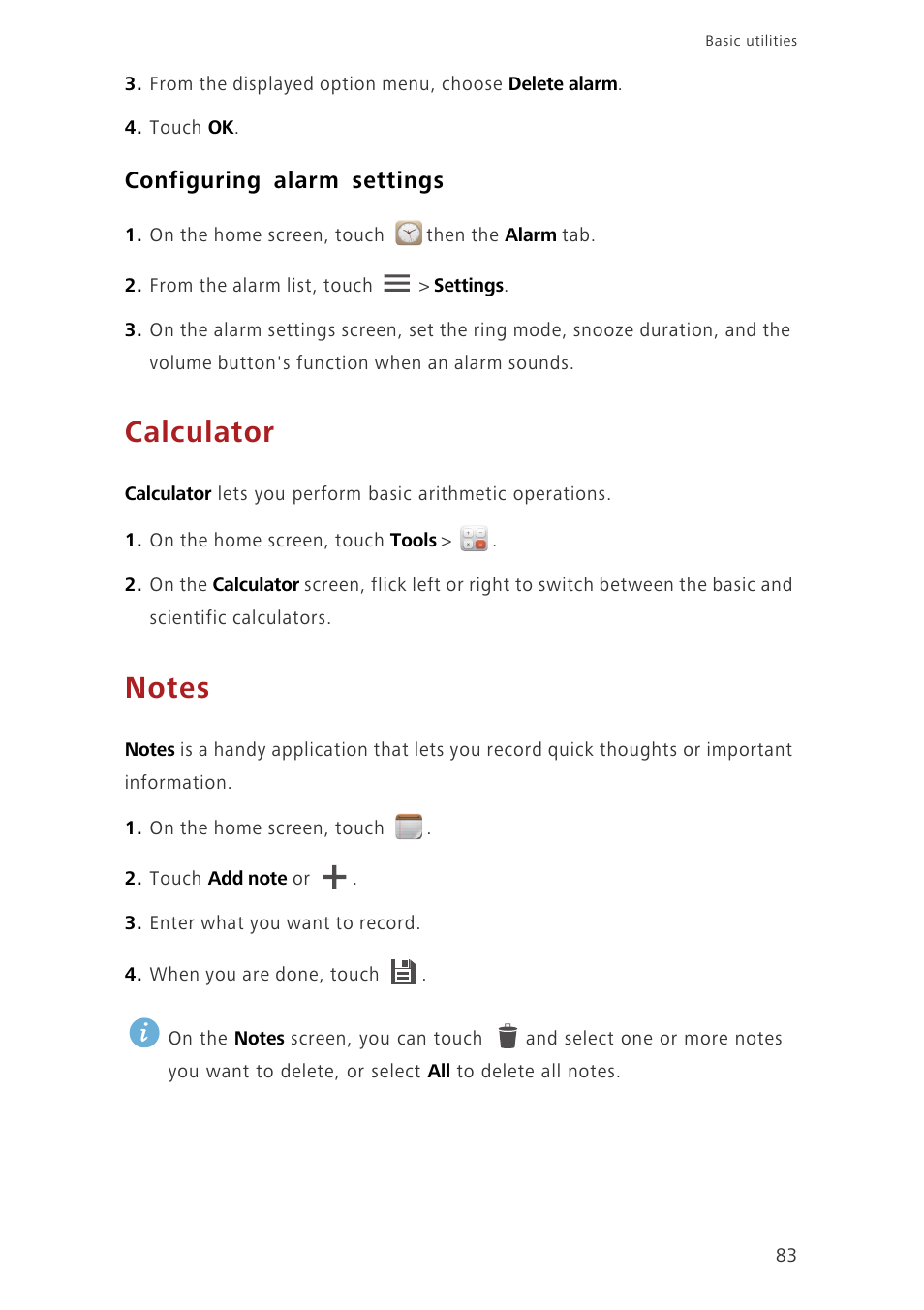 Configuring alarm settings, Calculator, Notes | Huawei Ascend G620 User Manual | Page 88 / 99