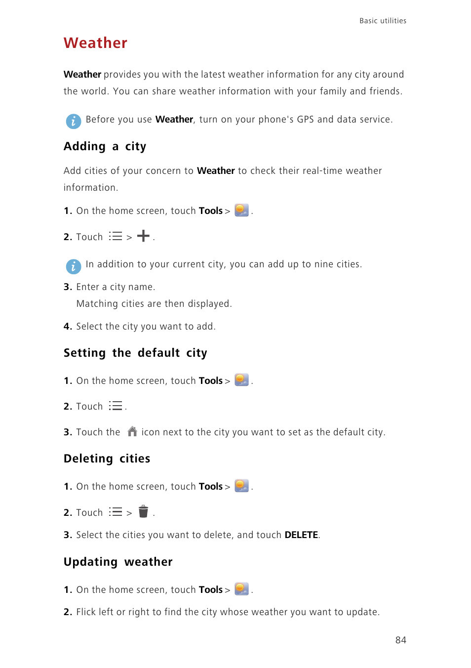 Weather, Adding a city, Setting the default city | Deleting cities, Updating weather | Huawei Ascend G620 User Manual | Page 89 / 99