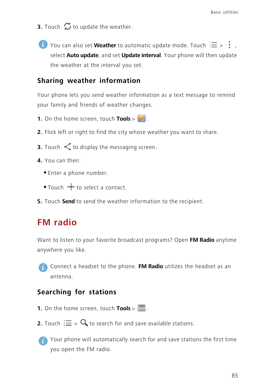 Sharing weather information, Fm radio, Searching for stations | Huawei Ascend G620 User Manual | Page 90 / 99