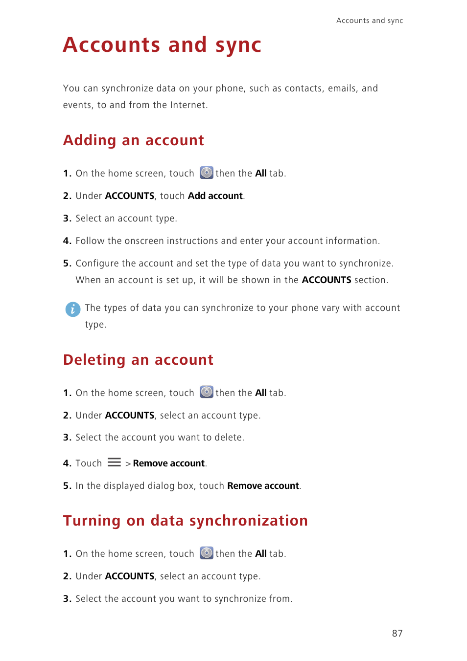 Accounts and sync, Adding an account, Deleting an account | Turning on data synchronization | Huawei Ascend G620 User Manual | Page 92 / 99