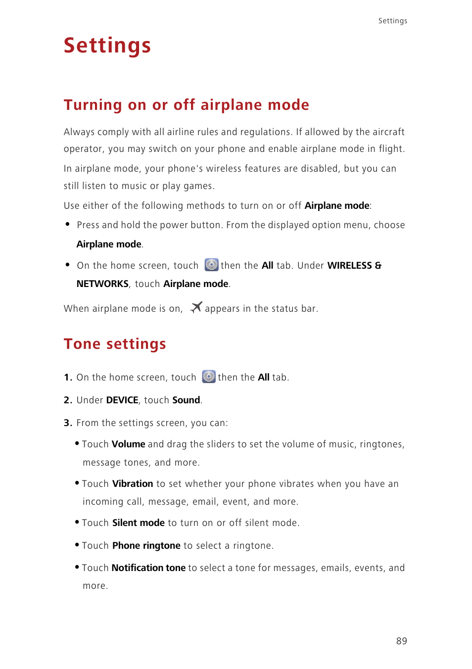 Settings, Turning on or off airplane mode, Tone settings | Huawei Ascend G620 User Manual | Page 94 / 99