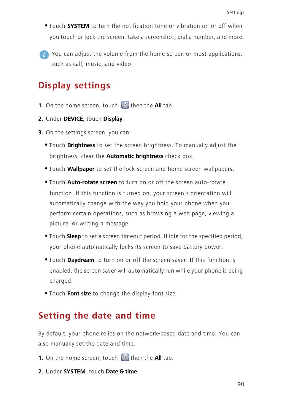 Display settings, Setting the date and time | Huawei Ascend G620 User Manual | Page 95 / 99