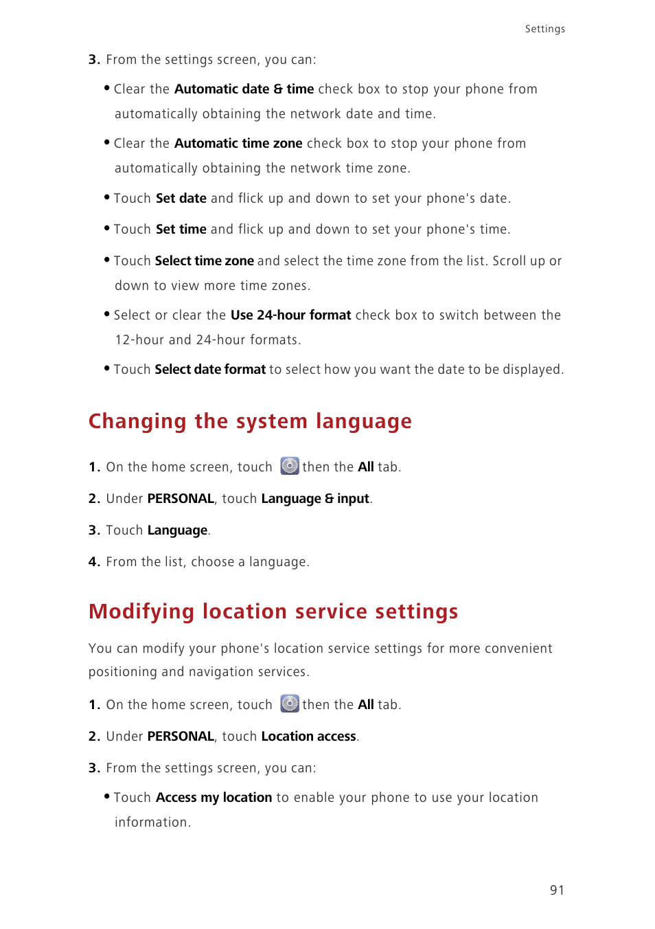 Changing the system language, Modifying location service settings | Huawei Ascend G620 User Manual | Page 96 / 99