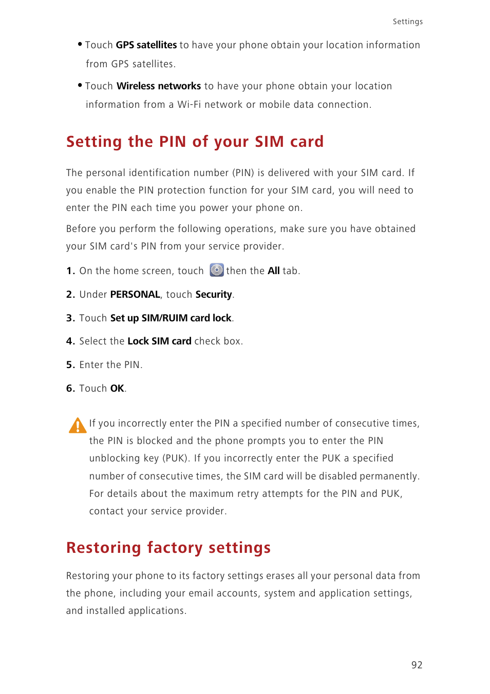 Setting the pin of your sim card, Restoring factory settings | Huawei Ascend G620 User Manual | Page 97 / 99