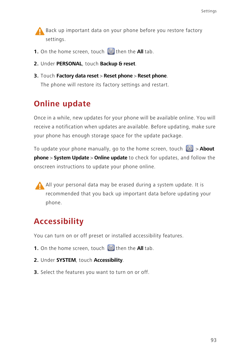 Online update, Accessibility | Huawei Ascend G620 User Manual | Page 98 / 99