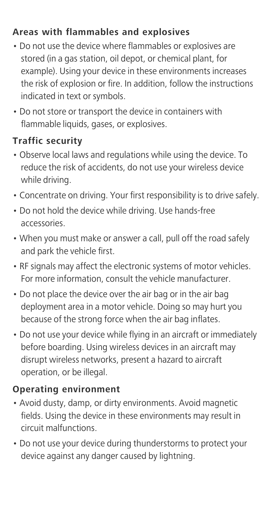 Areas with flammables and explosives, Traffic security, Operating environment | Huawei Ascend G630-U20 Quick Start User Manual | Page 14 / 26
