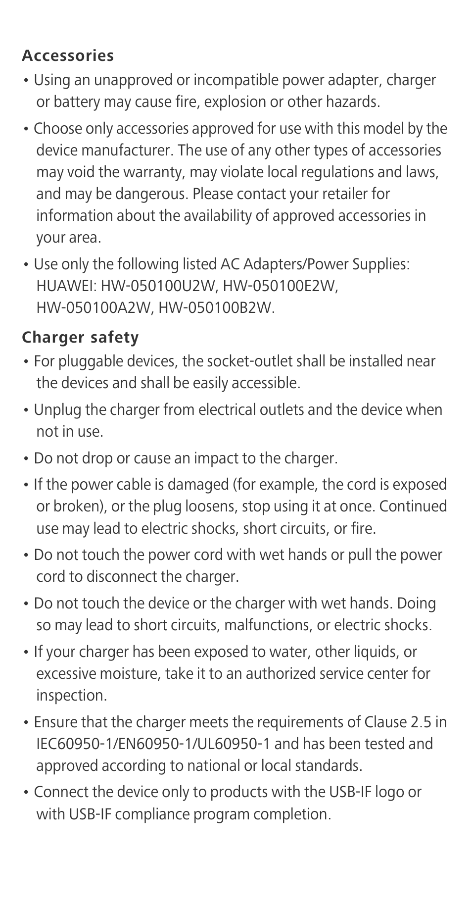 Accessories, Charger safety | Huawei Ascend G630-U20 Quick Start User Manual | Page 16 / 26