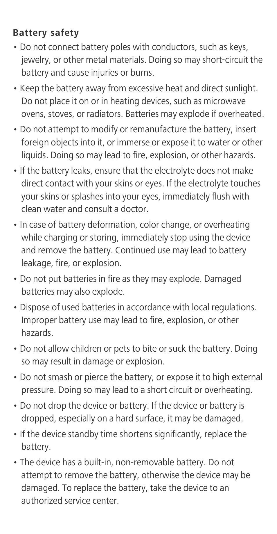 Battery safety | Huawei Ascend G630-U20 Quick Start User Manual | Page 17 / 26