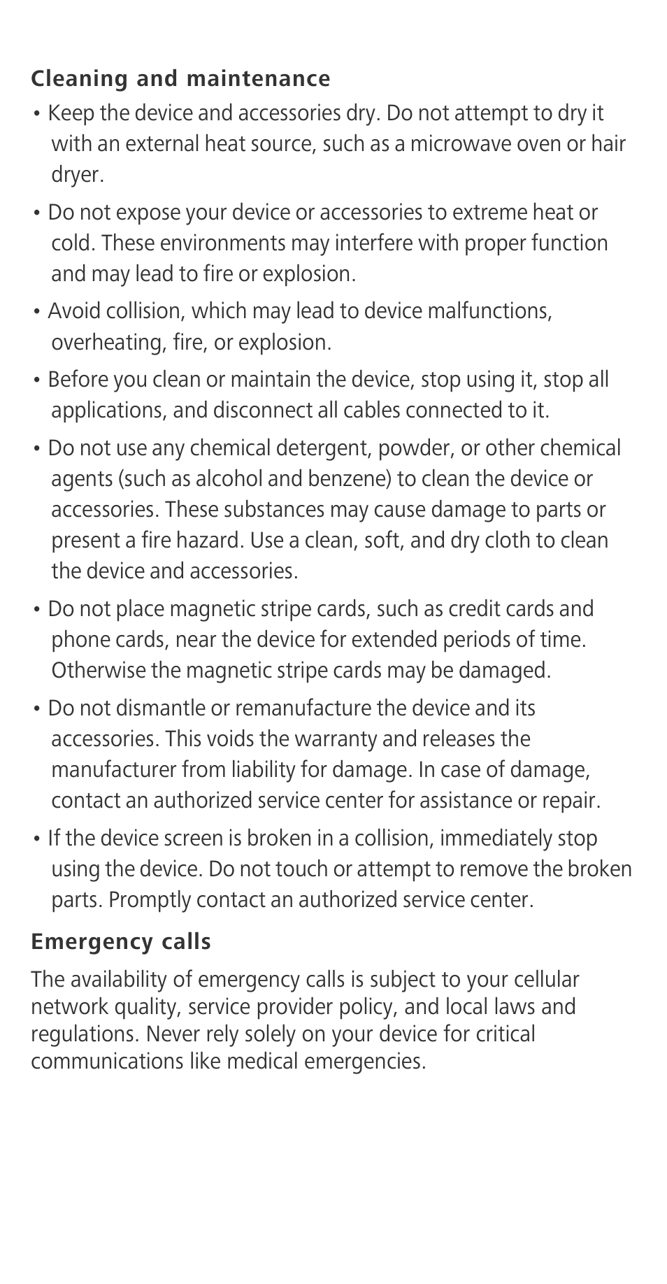 Cleaning and maintenance, Emergency calls | Huawei Ascend G630-U20 Quick Start User Manual | Page 18 / 26