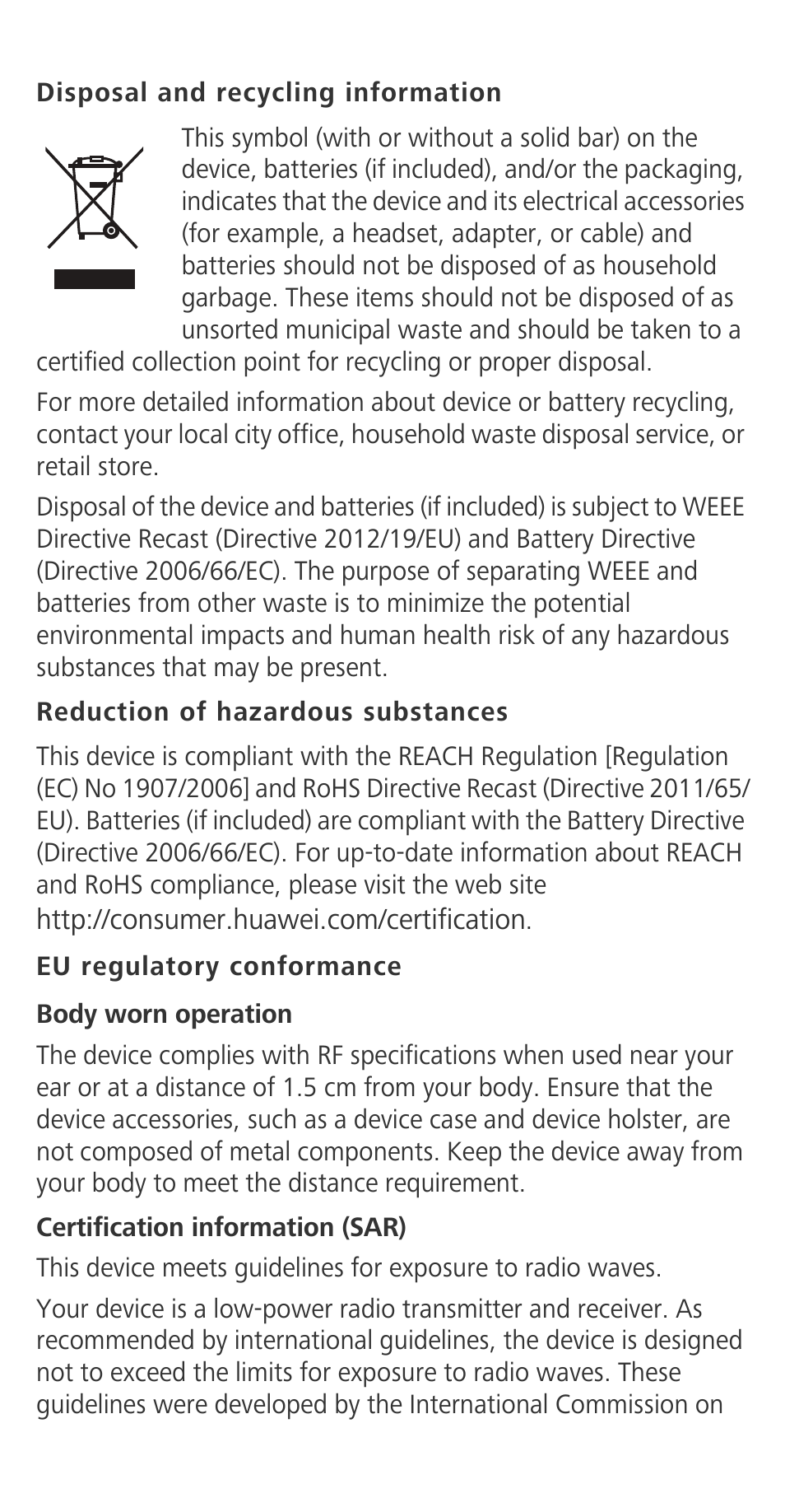 Disposal and recycling information, Reduction of hazardous substances, Eu regulatory conformance | Huawei Ascend G630-U20 Quick Start User Manual | Page 19 / 26