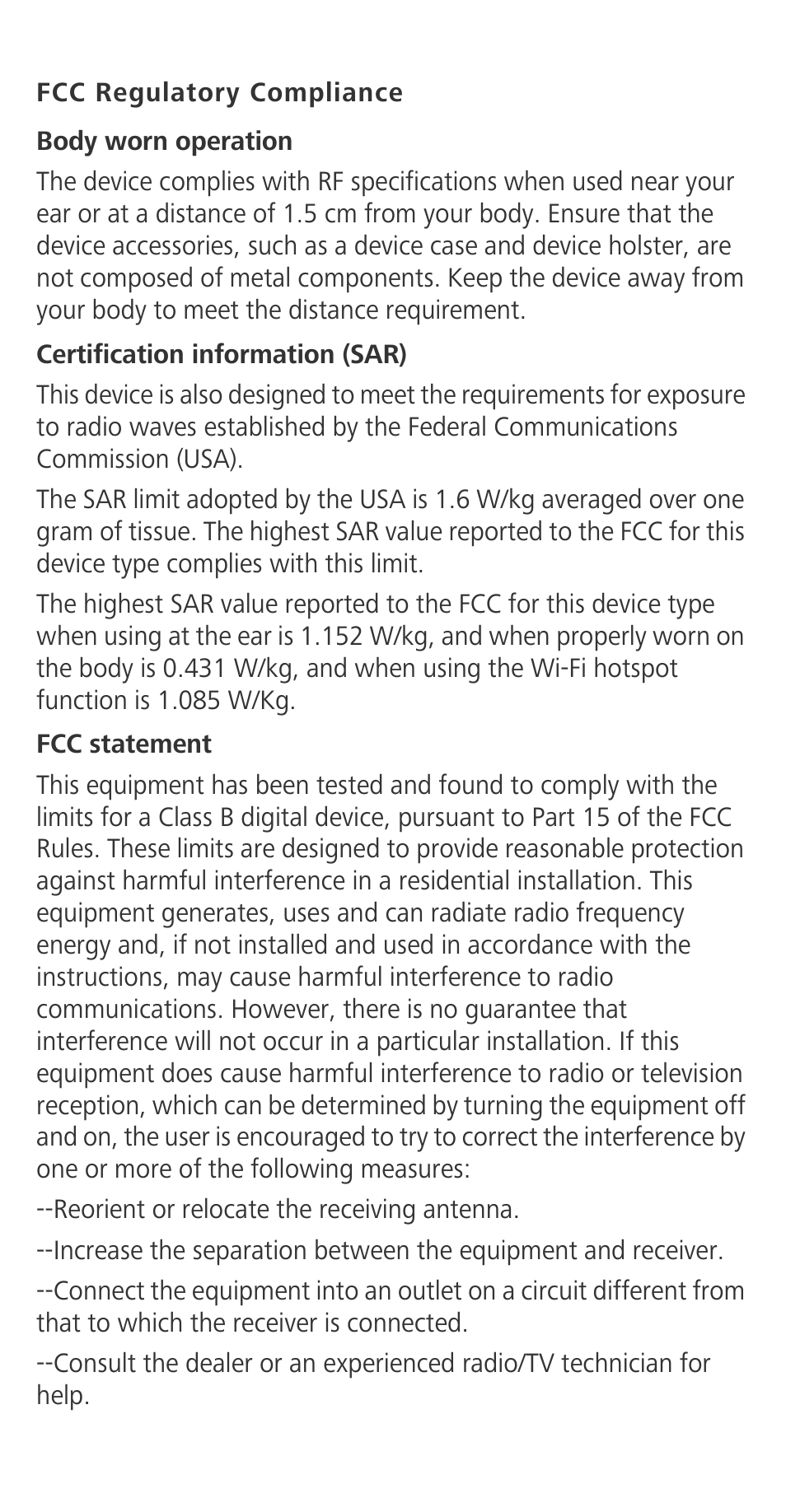 Fcc regulatory compliance | Huawei Ascend G630-U20 Quick Start User Manual | Page 21 / 26