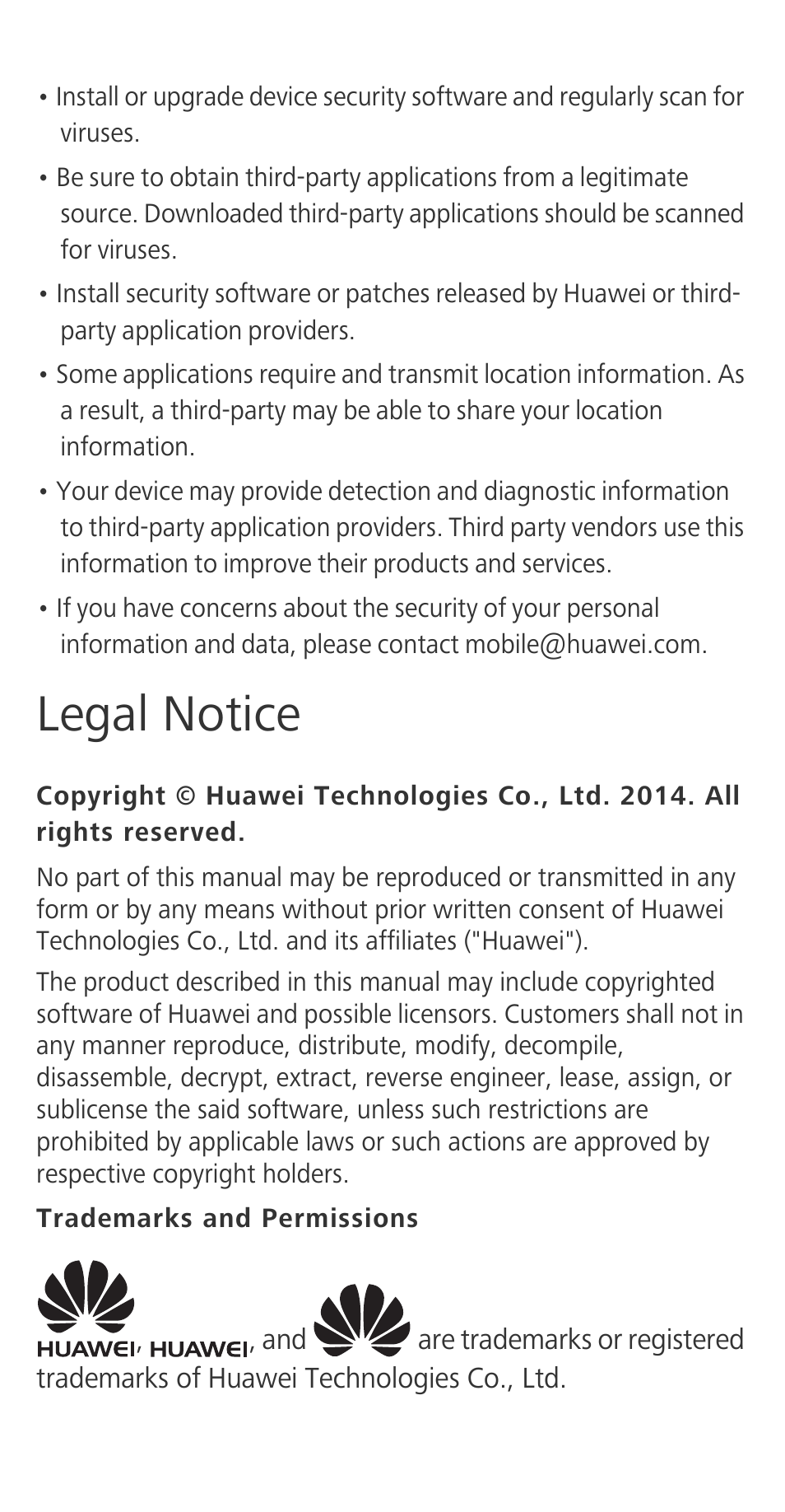 Legal notice, Trademarks and permissions | Huawei Ascend G630-U20 Quick Start User Manual | Page 23 / 26