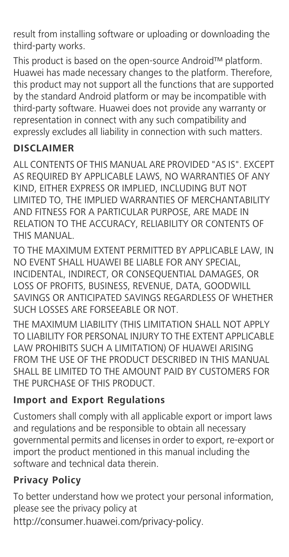 Disclaimer, Import and export regulations, Privacy policy | Huawei Ascend G630-U20 Quick Start User Manual | Page 25 / 26