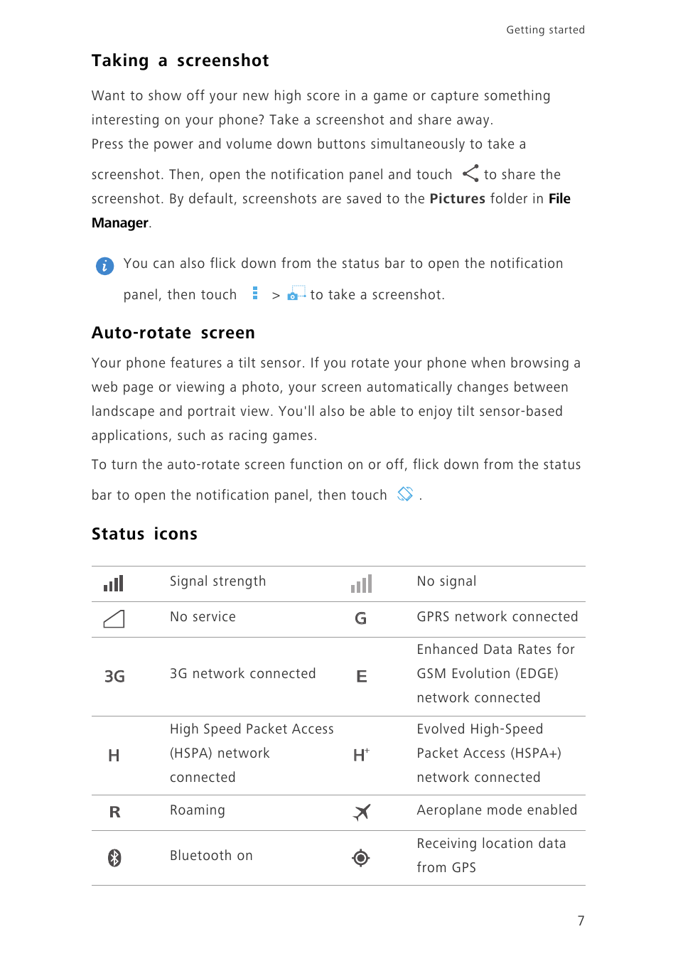 Taking a screenshot, Auto-rotate screen, Status icons | Huawei Ascend G630-U20 User Guide User Manual | Page 11 / 69