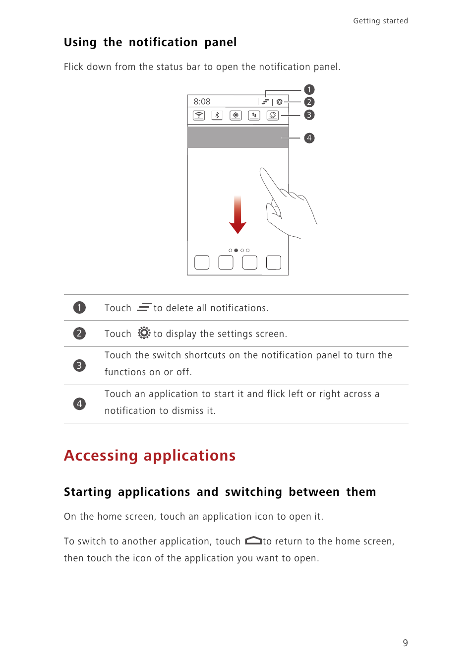 Using the notification panel, Accessing applications, Starting applications and switching between them | Huawei Ascend G630-U20 User Guide User Manual | Page 13 / 69