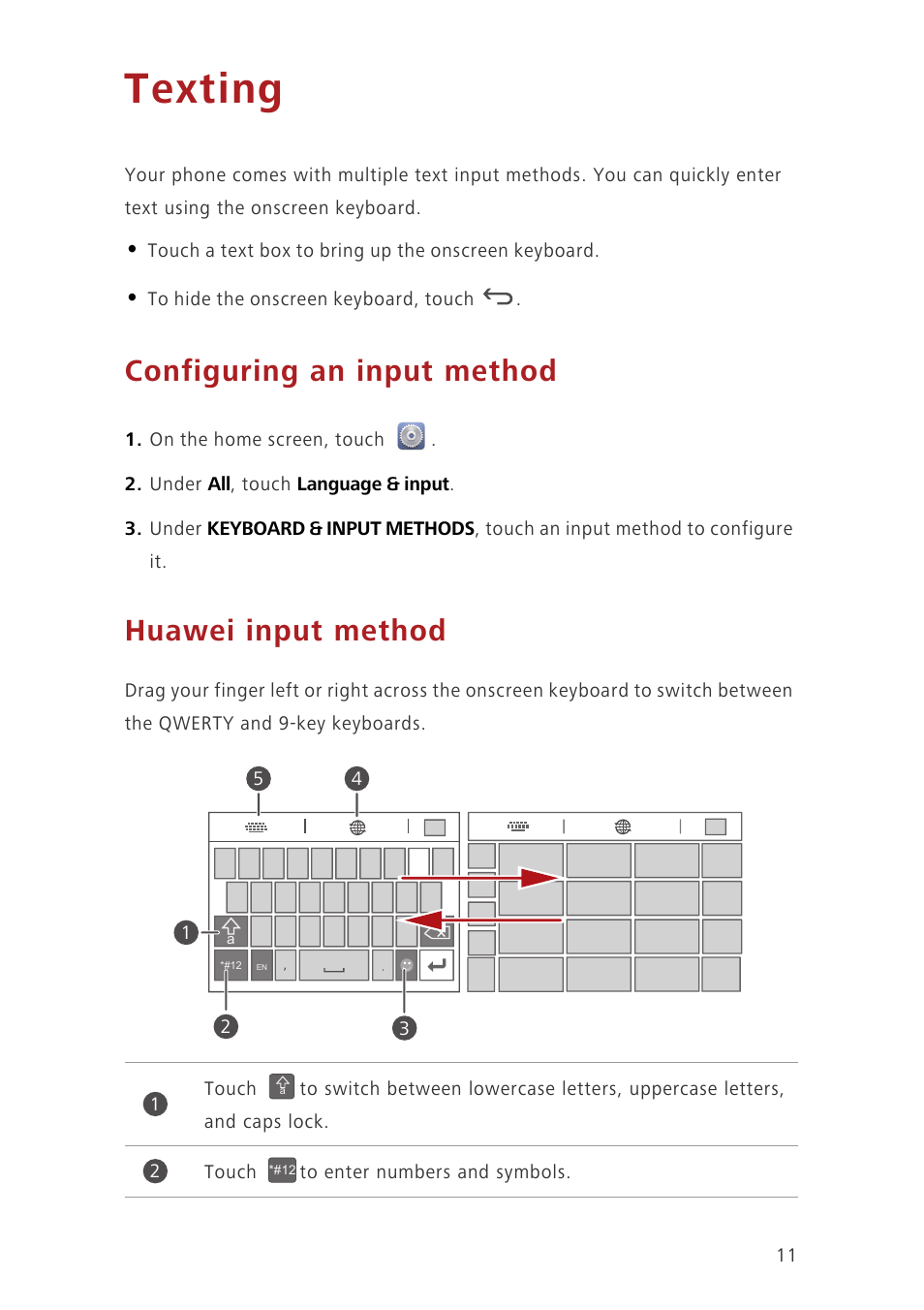 Texting, Configuring an input method, Huawei input method | Huawei Ascend G630-U20 User Guide User Manual | Page 15 / 69