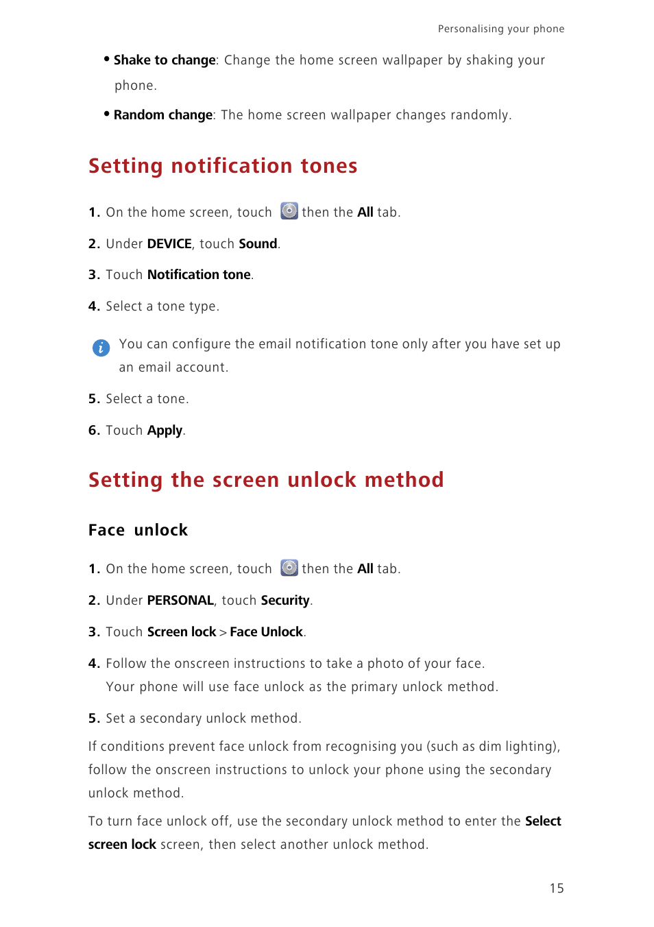Setting notification tones, Setting the screen unlock method, Face unlock | Huawei Ascend G630-U20 User Guide User Manual | Page 19 / 69