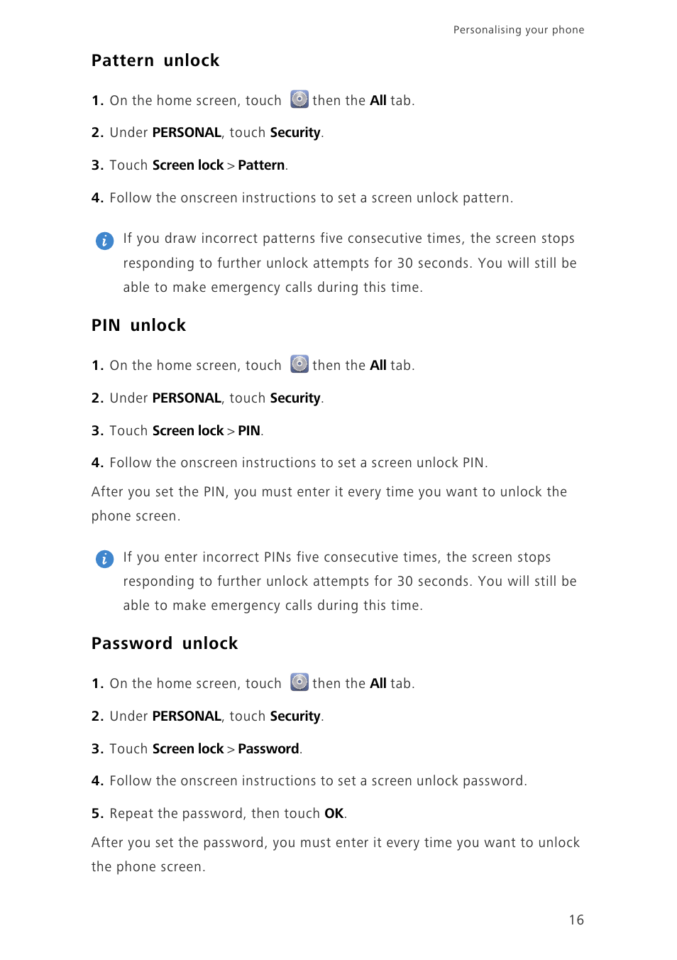 Pattern unlock, Pin unlock, Password unlock | Huawei Ascend G630-U20 User Guide User Manual | Page 20 / 69