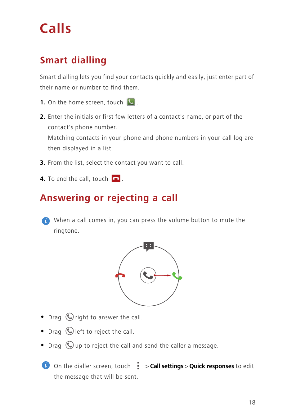 Calls, Smart dialling, Answering or rejecting a call | Huawei Ascend G630-U20 User Guide User Manual | Page 22 / 69