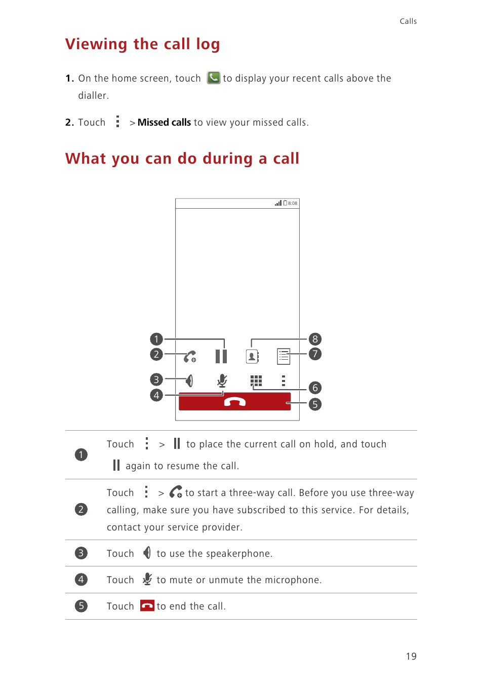 Viewing the call log, What you can do during a call | Huawei Ascend G630-U20 User Guide User Manual | Page 23 / 69