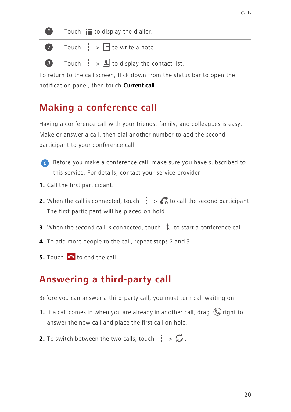 Making a conference call, Answering a third-party call | Huawei Ascend G630-U20 User Guide User Manual | Page 24 / 69