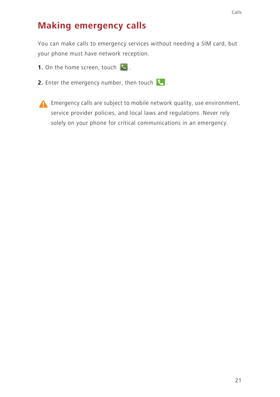Making emergency calls | Huawei Ascend G630-U20 User Guide User Manual | Page 25 / 69