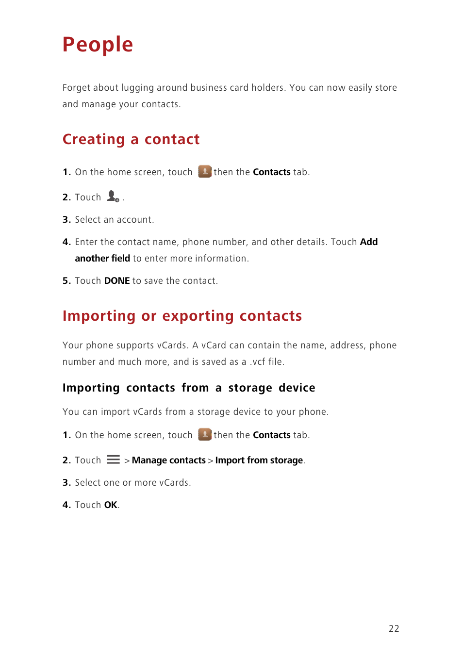 People, Creating a contact, Importing or exporting contacts | Importing contacts from a storage device | Huawei Ascend G630-U20 User Guide User Manual | Page 26 / 69