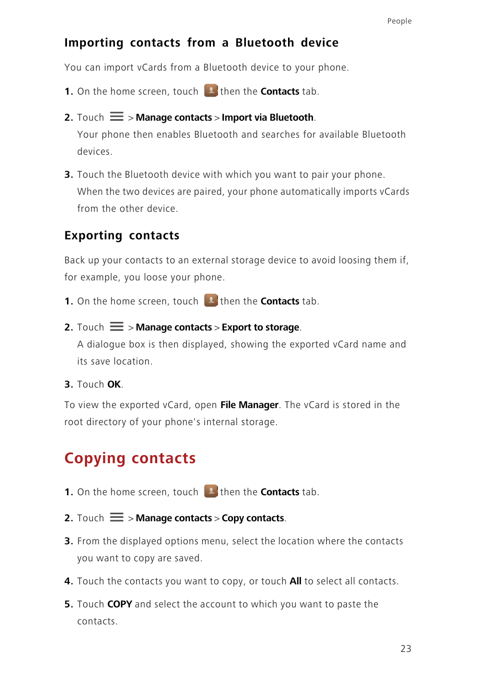 Importing contacts from a bluetooth device, Exporting contacts, Copying contacts | Huawei Ascend G630-U20 User Guide User Manual | Page 27 / 69