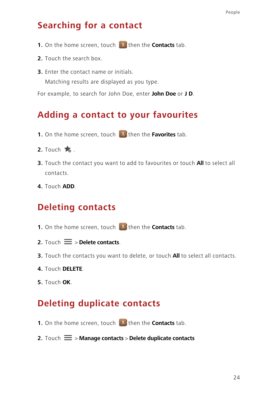 Searching for a contact, Adding a contact to your favourites, Deleting contacts | Deleting duplicate contacts | Huawei Ascend G630-U20 User Guide User Manual | Page 28 / 69