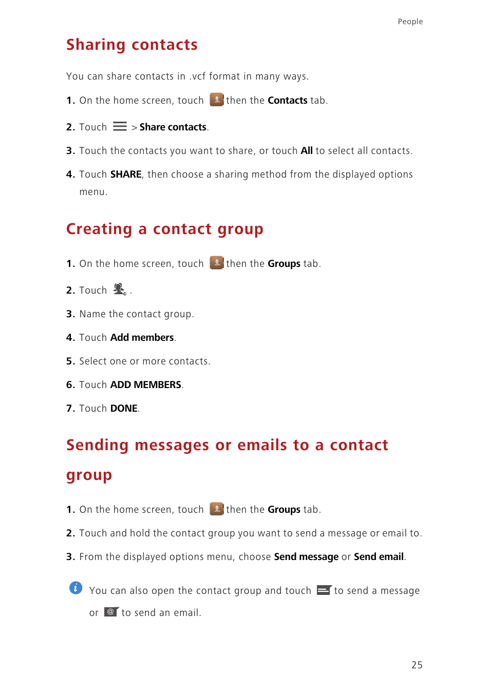 Sharing contacts, Creating a contact group, Sending messages or emails to a contact group | Huawei Ascend G630-U20 User Guide User Manual | Page 29 / 69