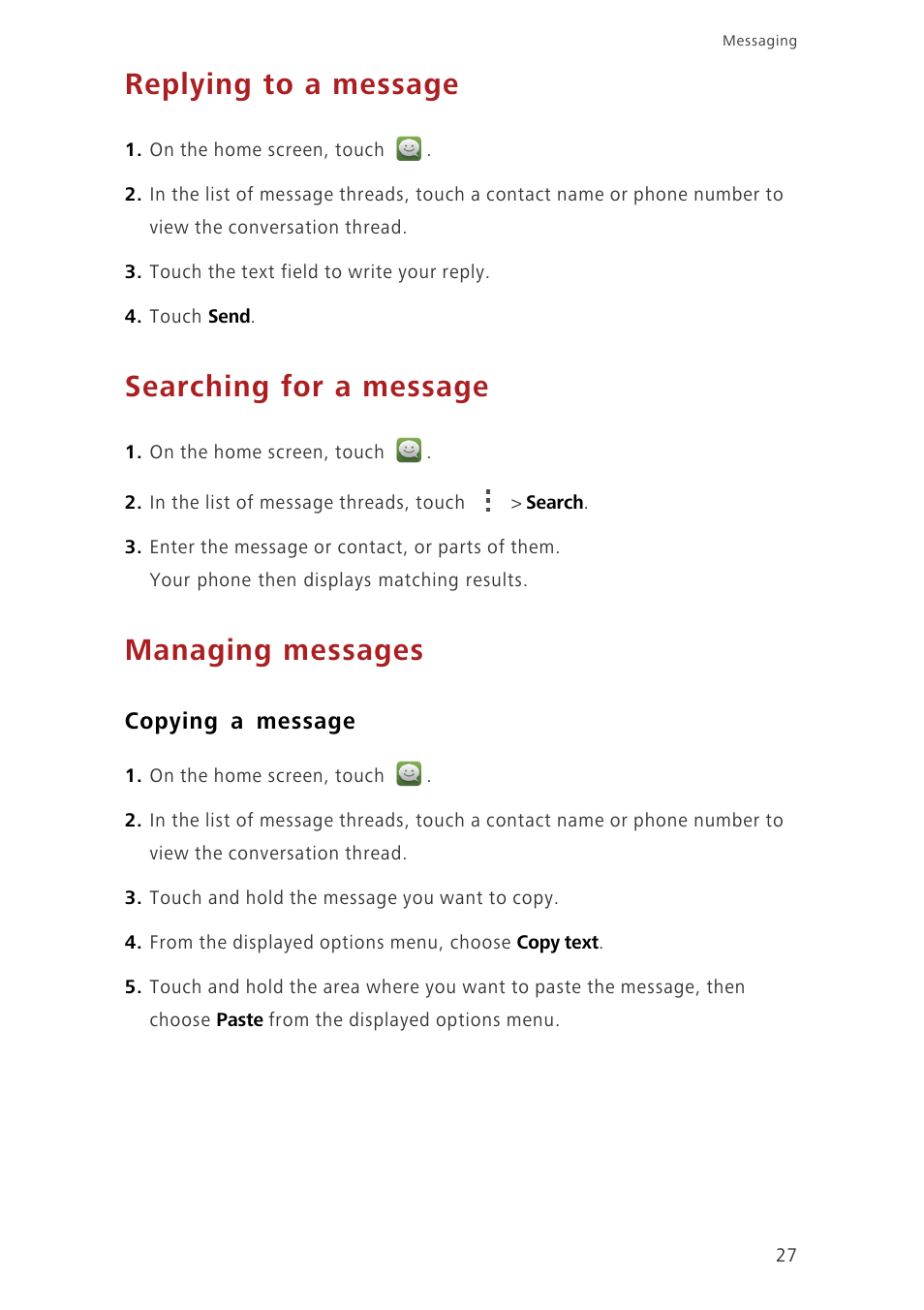 Replying to a message, Searching for a message, Managing messages | Copying a message | Huawei Ascend G630-U20 User Guide User Manual | Page 31 / 69