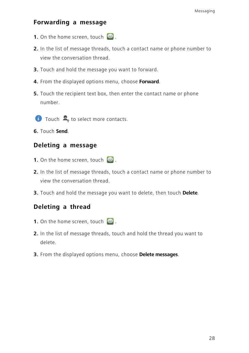 Forwarding a message, Deleting a message, Deleting a thread | Huawei Ascend G630-U20 User Guide User Manual | Page 32 / 69