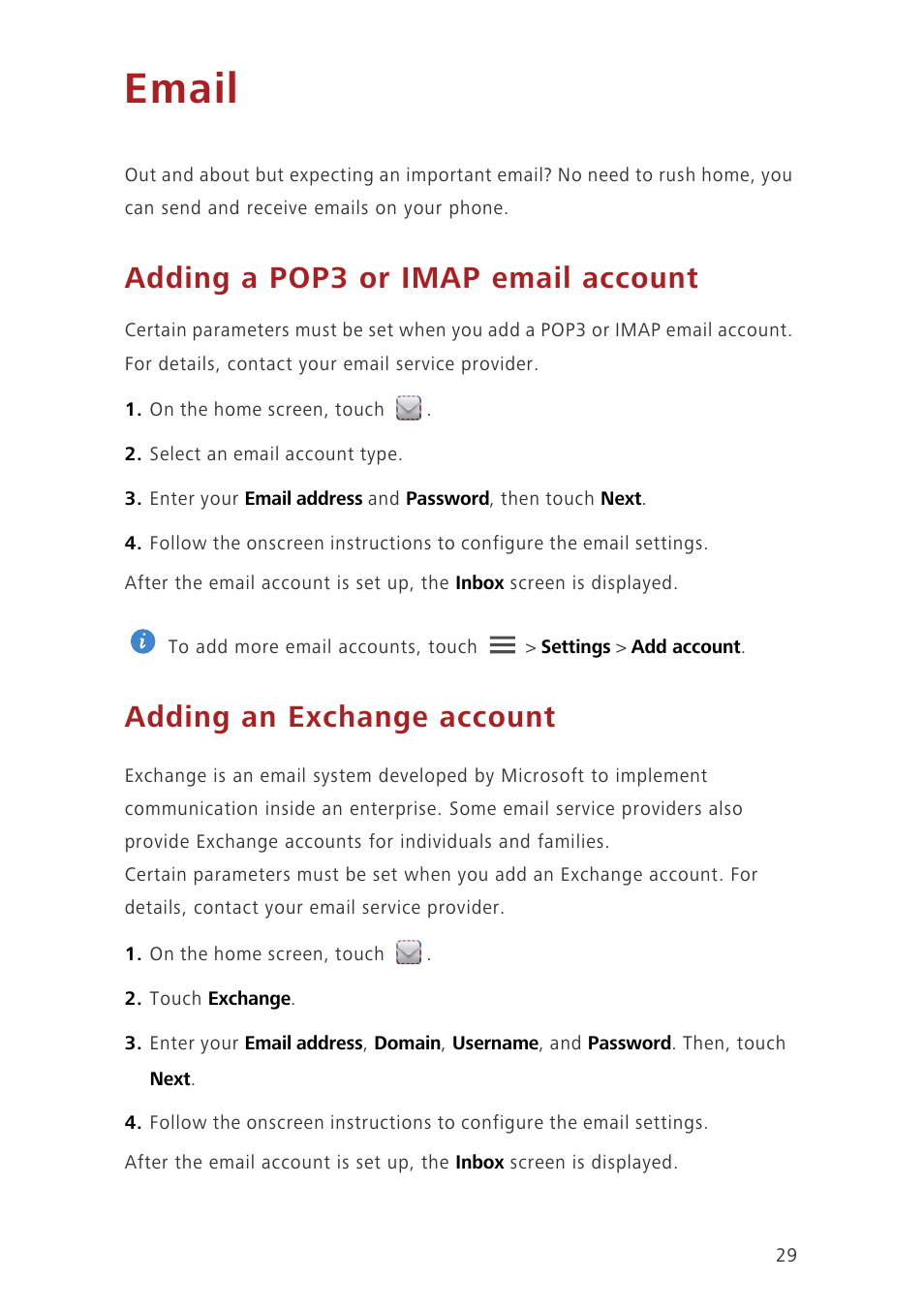 Email, Adding a pop3 or imap email account, Adding an exchange account | Huawei Ascend G630-U20 User Guide User Manual | Page 33 / 69
