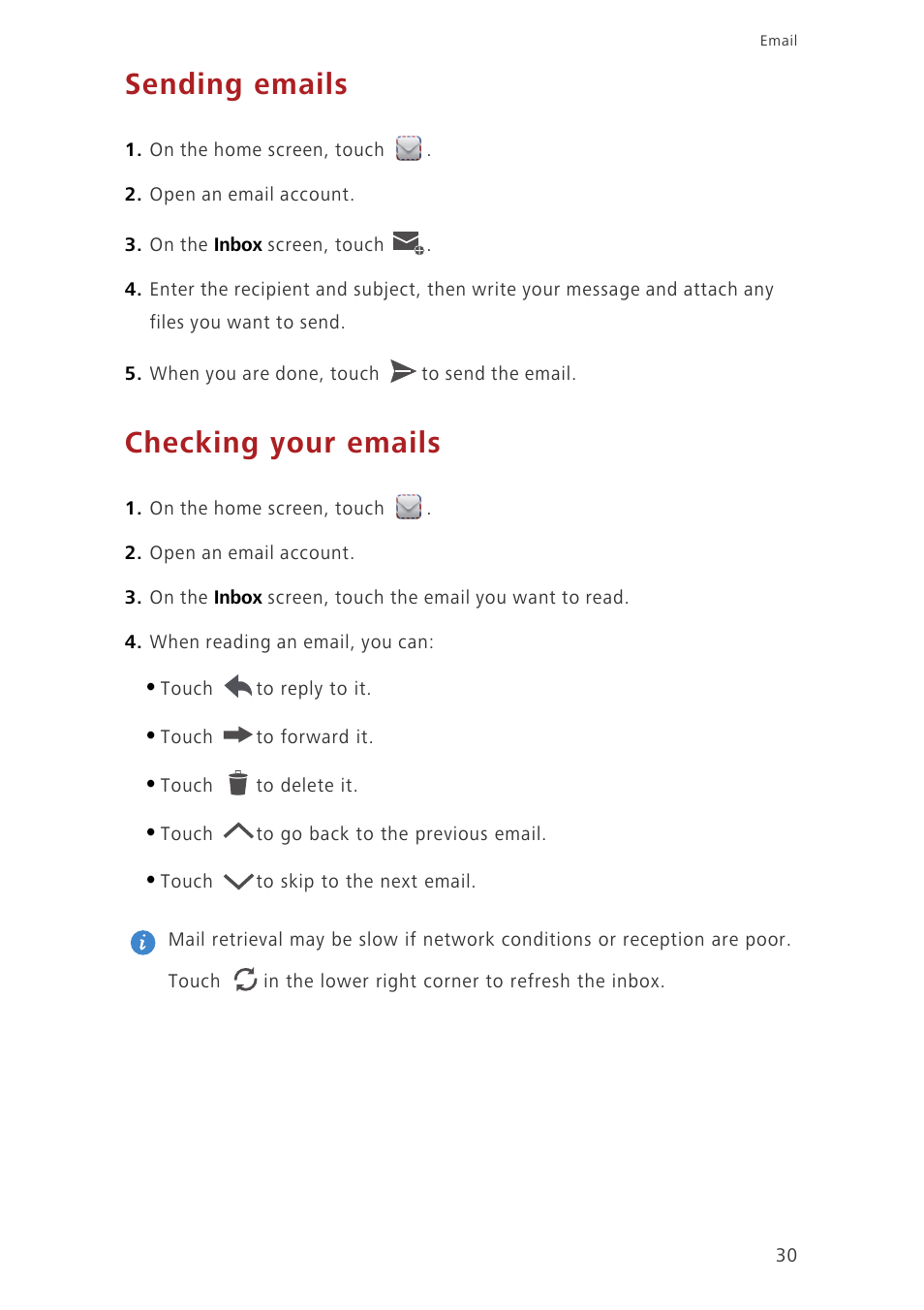 Sending emails, Checking your emails | Huawei Ascend G630-U20 User Guide User Manual | Page 34 / 69