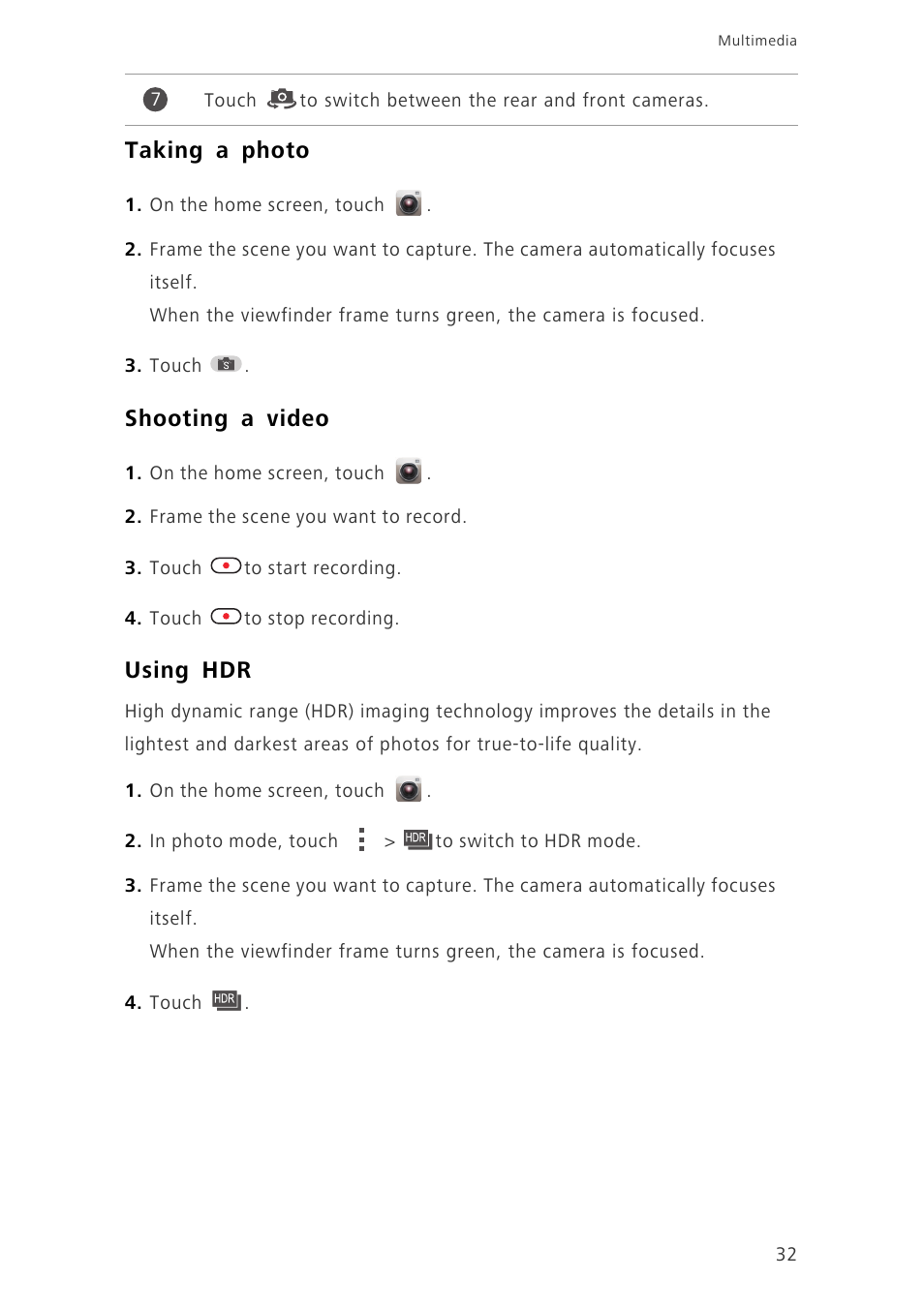 Taking a photo, Shooting a video, Using hdr | Huawei Ascend G630-U20 User Guide User Manual | Page 36 / 69