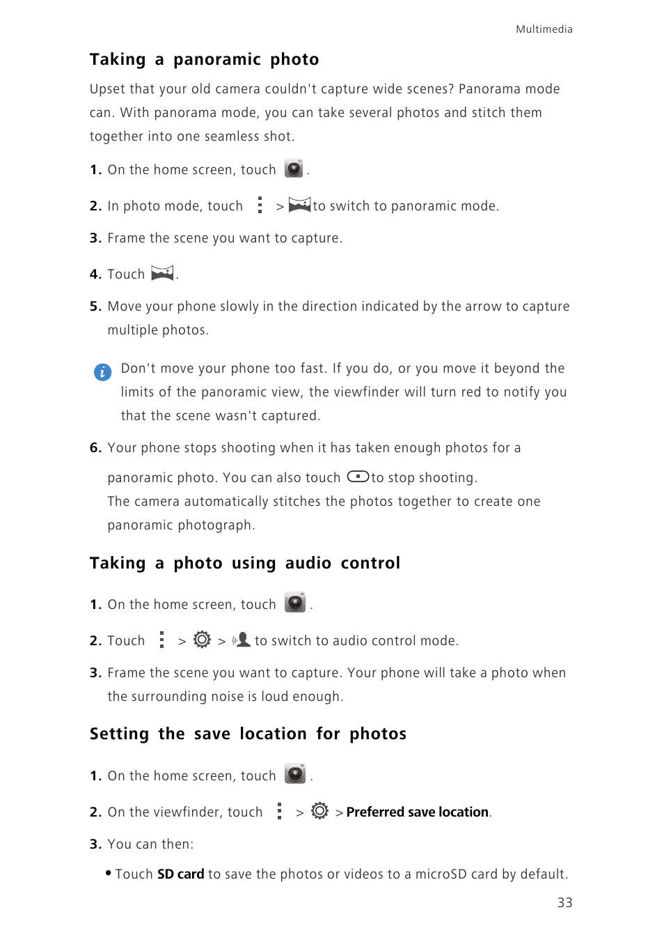 Taking a panoramic photo, Taking a photo using audio control, Setting the save location for photos | Huawei Ascend G630-U20 User Guide User Manual | Page 37 / 69