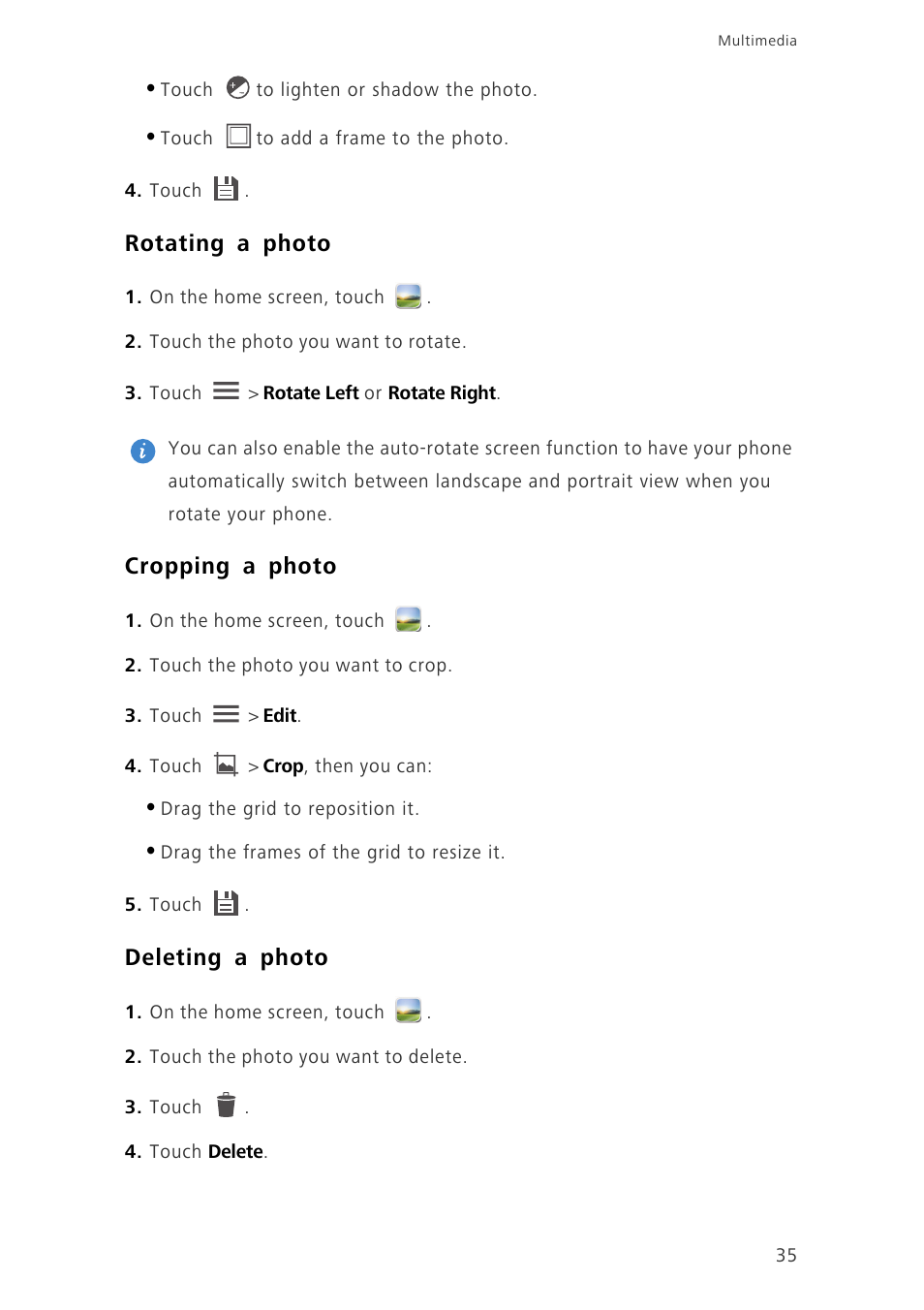 Rotating a photo, Cropping a photo, Deleting a photo | Huawei Ascend G630-U20 User Guide User Manual | Page 39 / 69