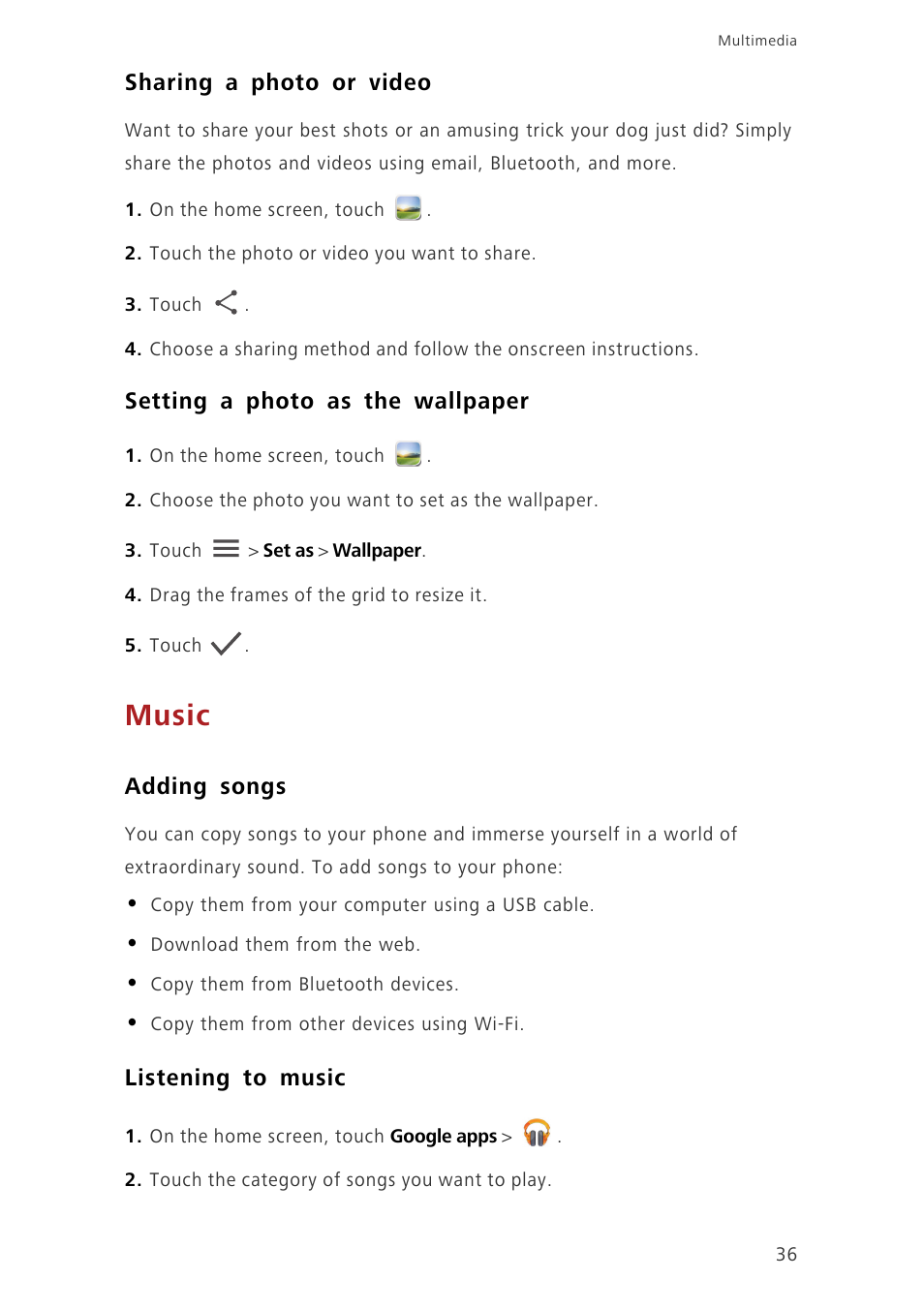 Sharing a photo or video, Setting a photo as the wallpaper, Music | Adding songs, Listening to music | Huawei Ascend G630-U20 User Guide User Manual | Page 40 / 69
