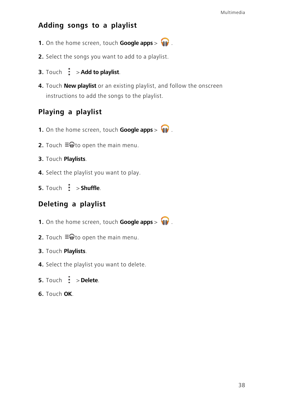 Adding songs to a playlist, Playing a playlist, Deleting a playlist | Huawei Ascend G630-U20 User Guide User Manual | Page 42 / 69