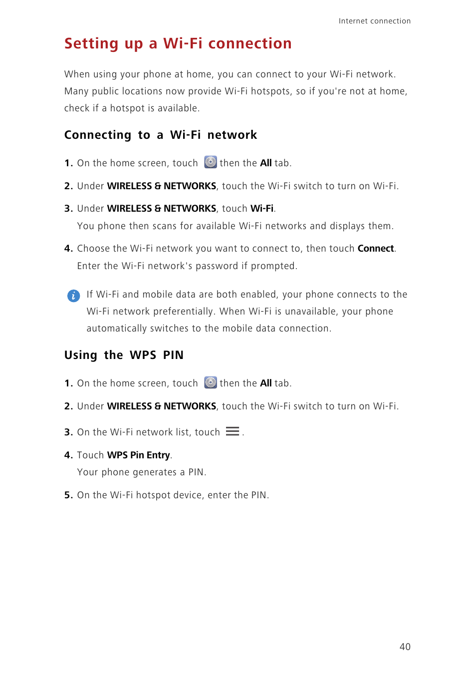 Setting up a wi-fi connection, Connecting to a wi-fi network, Using the wps pin | Huawei Ascend G630-U20 User Guide User Manual | Page 44 / 69