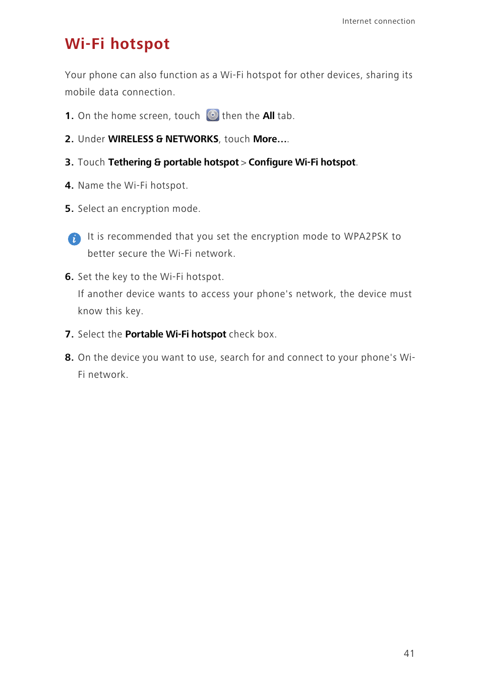 Wi-fi hotspot | Huawei Ascend G630-U20 User Guide User Manual | Page 45 / 69