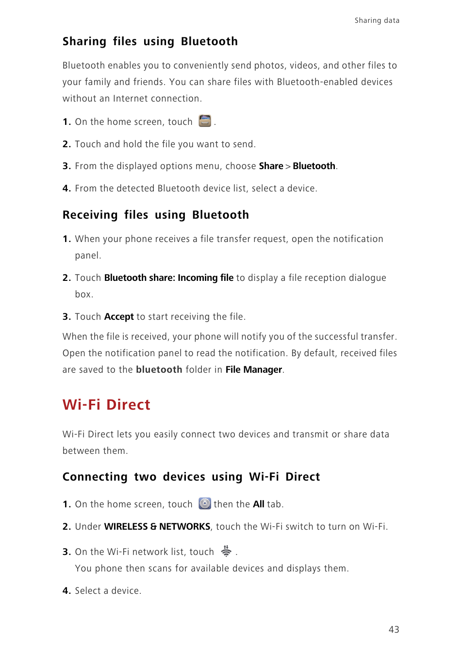Sharing files using bluetooth, Receiving files using bluetooth, Wi-fi direct | Connecting two devices using wi-fi direct | Huawei Ascend G630-U20 User Guide User Manual | Page 47 / 69