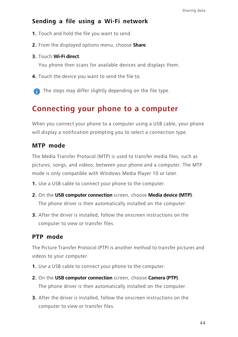 Sending a file using a wi-fi network, Connecting your phone to a computer, Mtp mode | Ptp mode | Huawei Ascend G630-U20 User Guide User Manual | Page 48 / 69