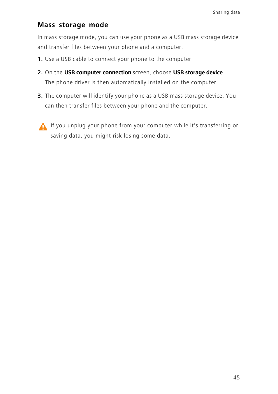 Mass storage mode | Huawei Ascend G630-U20 User Guide User Manual | Page 49 / 69