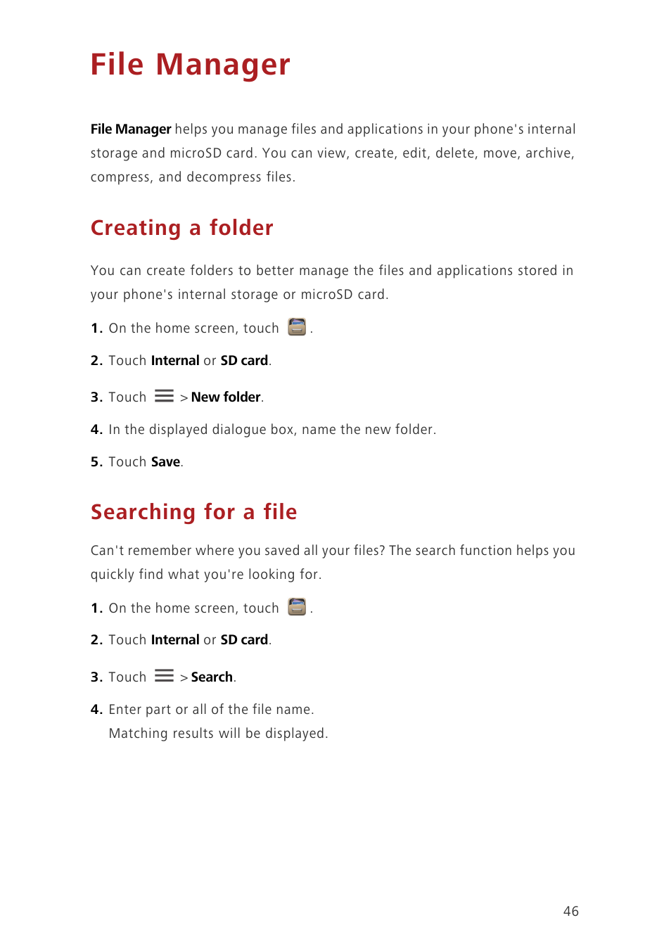 File manager, Creating a folder, Searching for a file | Huawei Ascend G630-U20 User Guide User Manual | Page 50 / 69