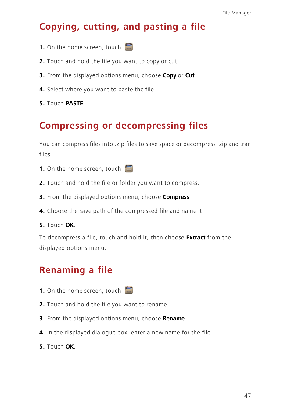 Copying, cutting, and pasting a file, Compressing or decompressing files, Renaming a file | Huawei Ascend G630-U20 User Guide User Manual | Page 51 / 69