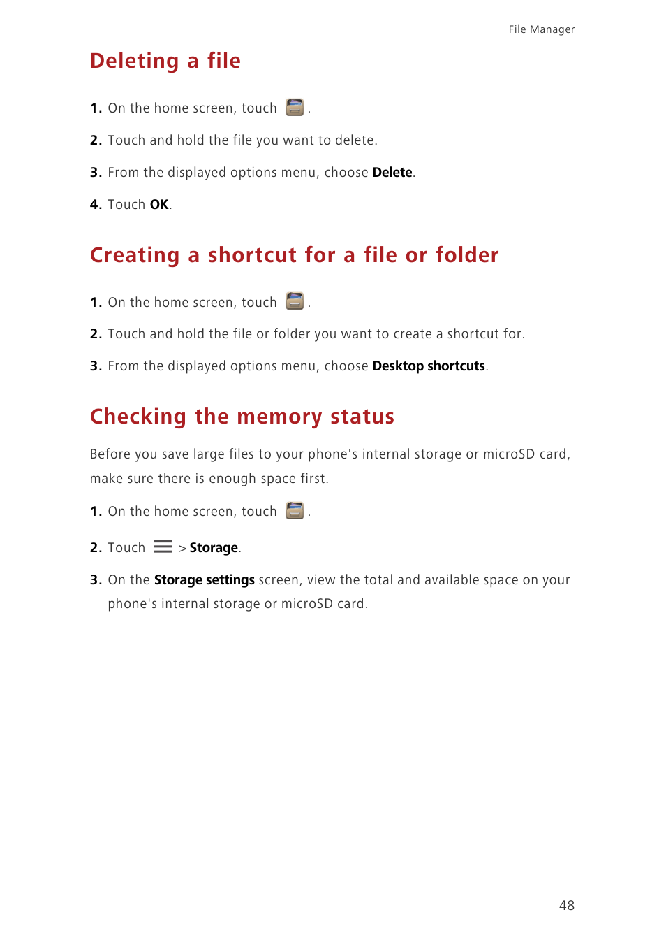 Deleting a file, Creating a shortcut for a file or folder, Checking the memory status | Huawei Ascend G630-U20 User Guide User Manual | Page 52 / 69