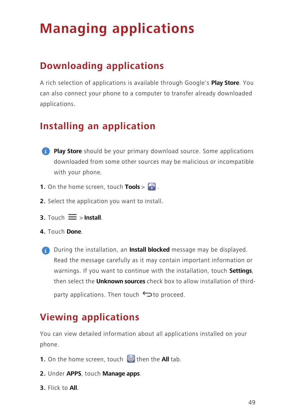 Managing applications, Downloading applications, Installing an application | Viewing applications | Huawei Ascend G630-U20 User Guide User Manual | Page 53 / 69