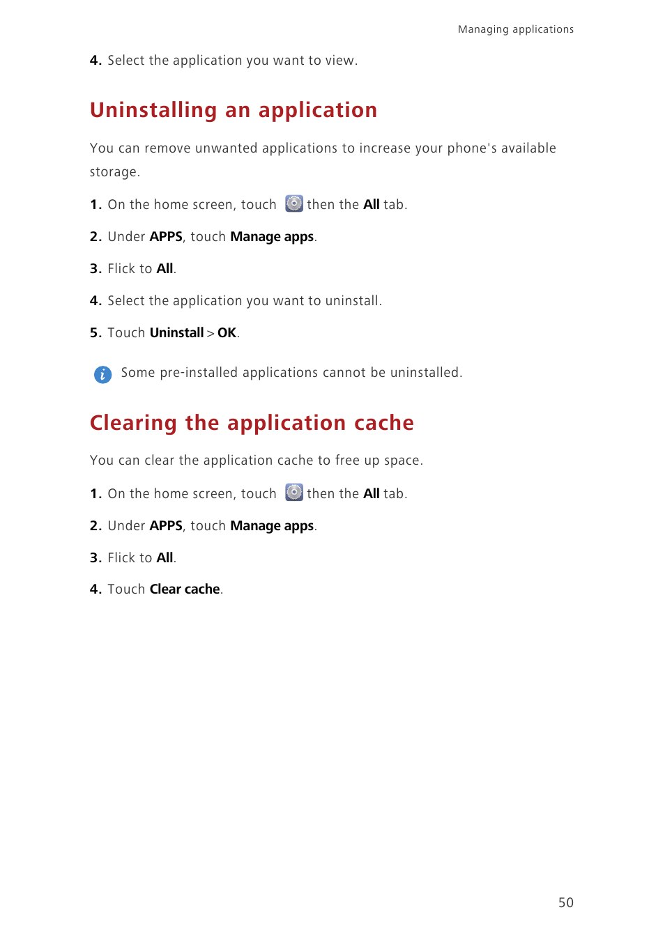 Uninstalling an application, Clearing the application cache | Huawei Ascend G630-U20 User Guide User Manual | Page 54 / 69