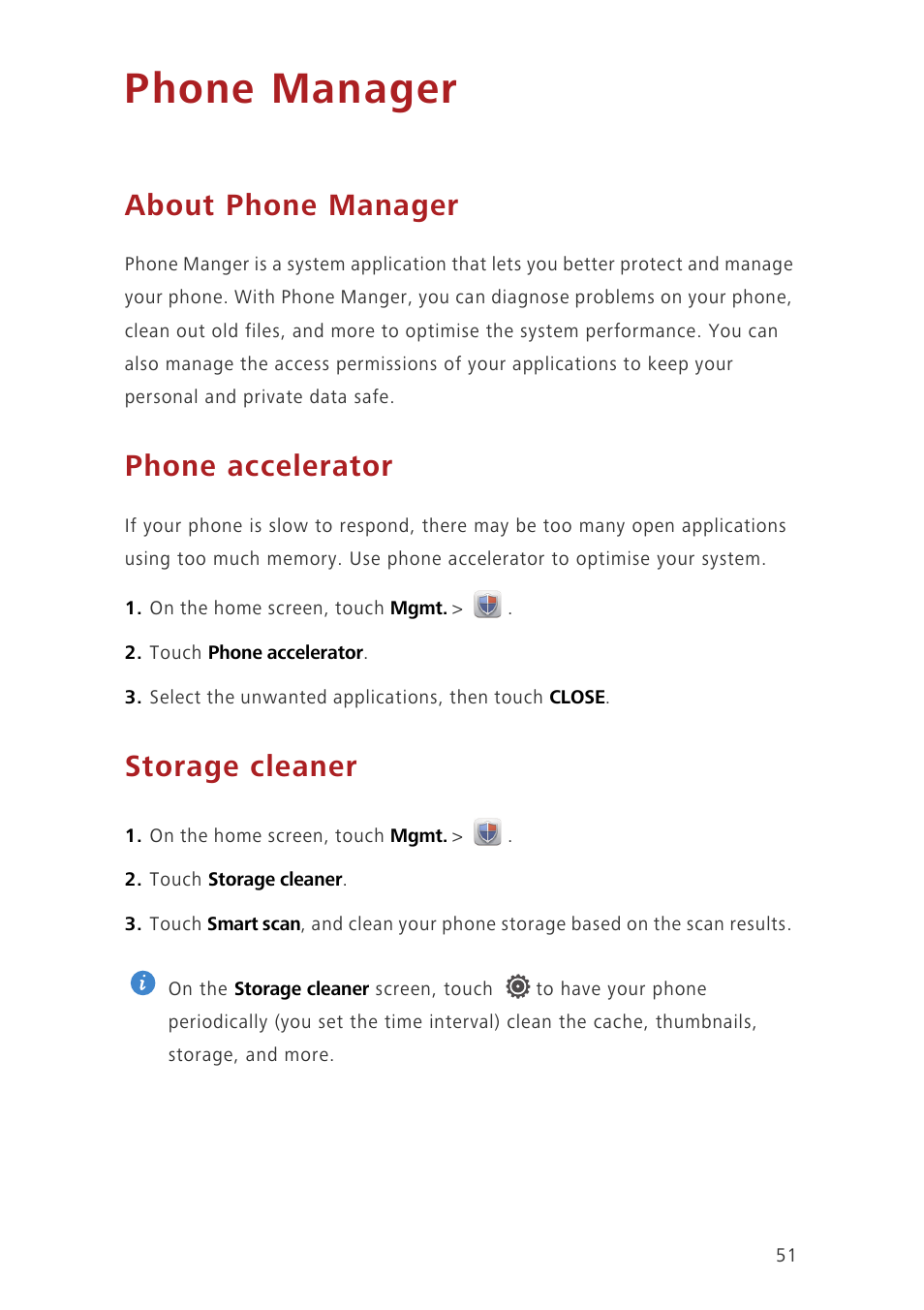 Phone manager, About phone manager, Phone accelerator | Storage cleaner | Huawei Ascend G630-U20 User Guide User Manual | Page 55 / 69